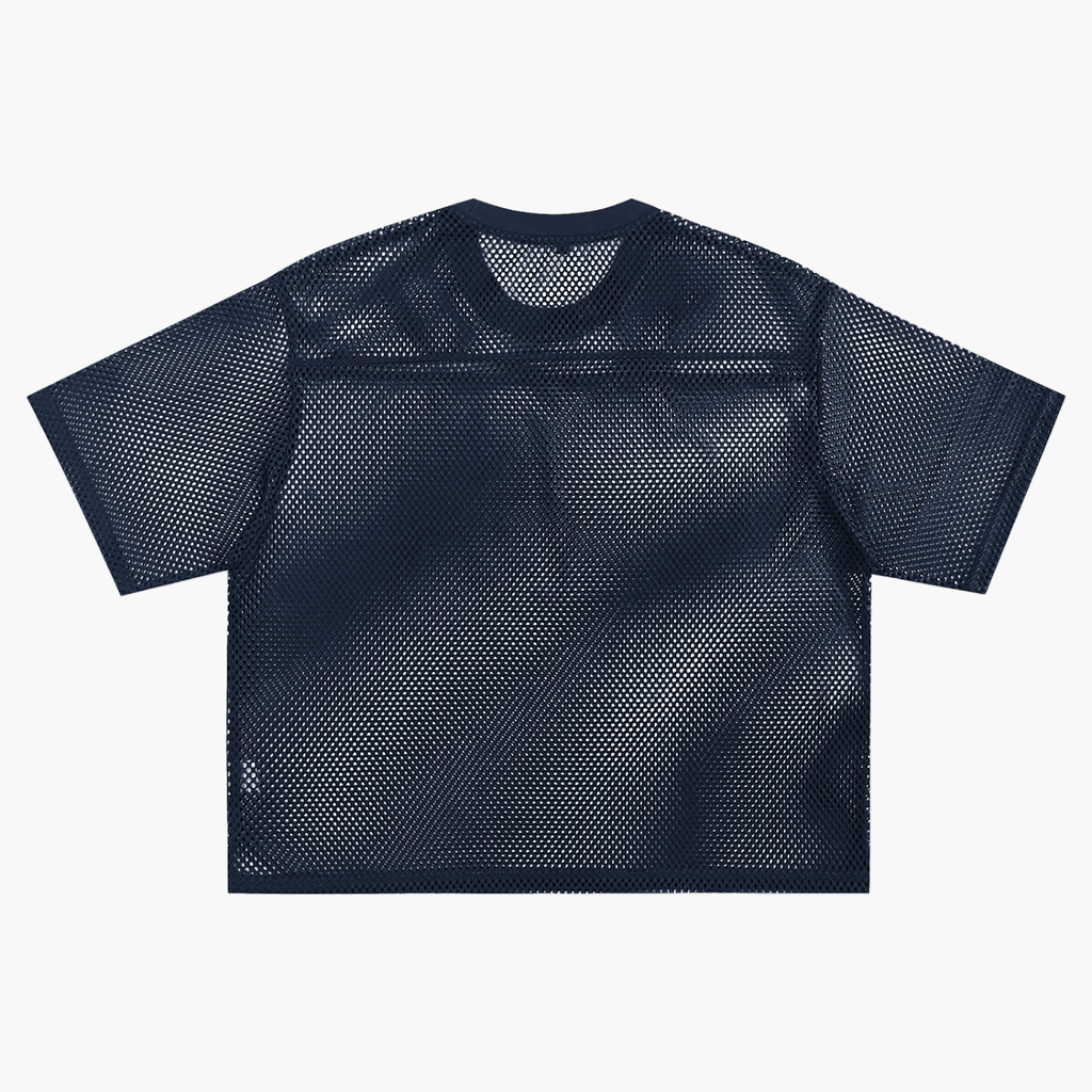 ODMPOD navy blue see-through mesh t-shirt with short sleeves and round neckline