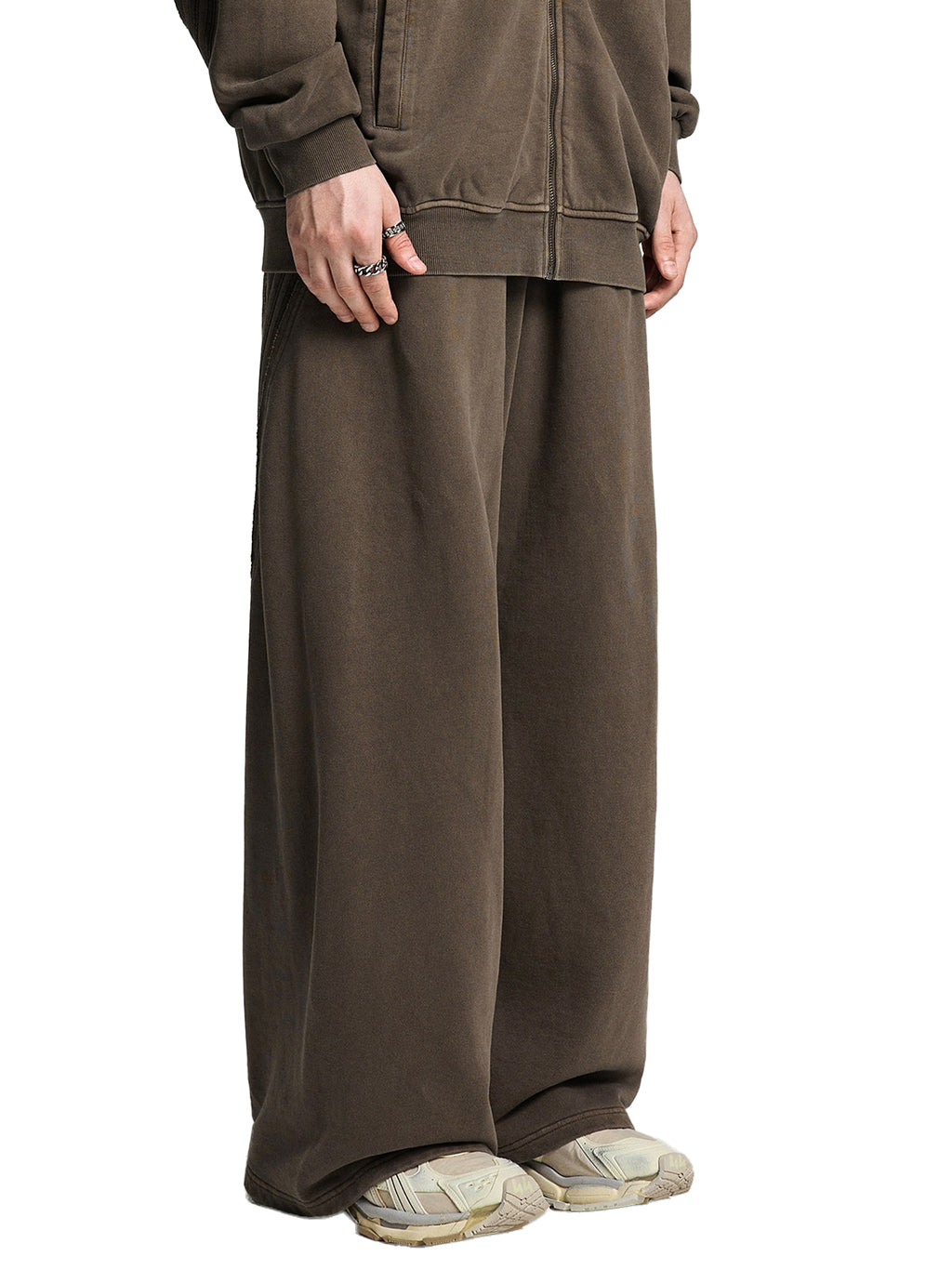 FETISHISTO brown snow washed sweatpants for men with wide leg and relaxed fit