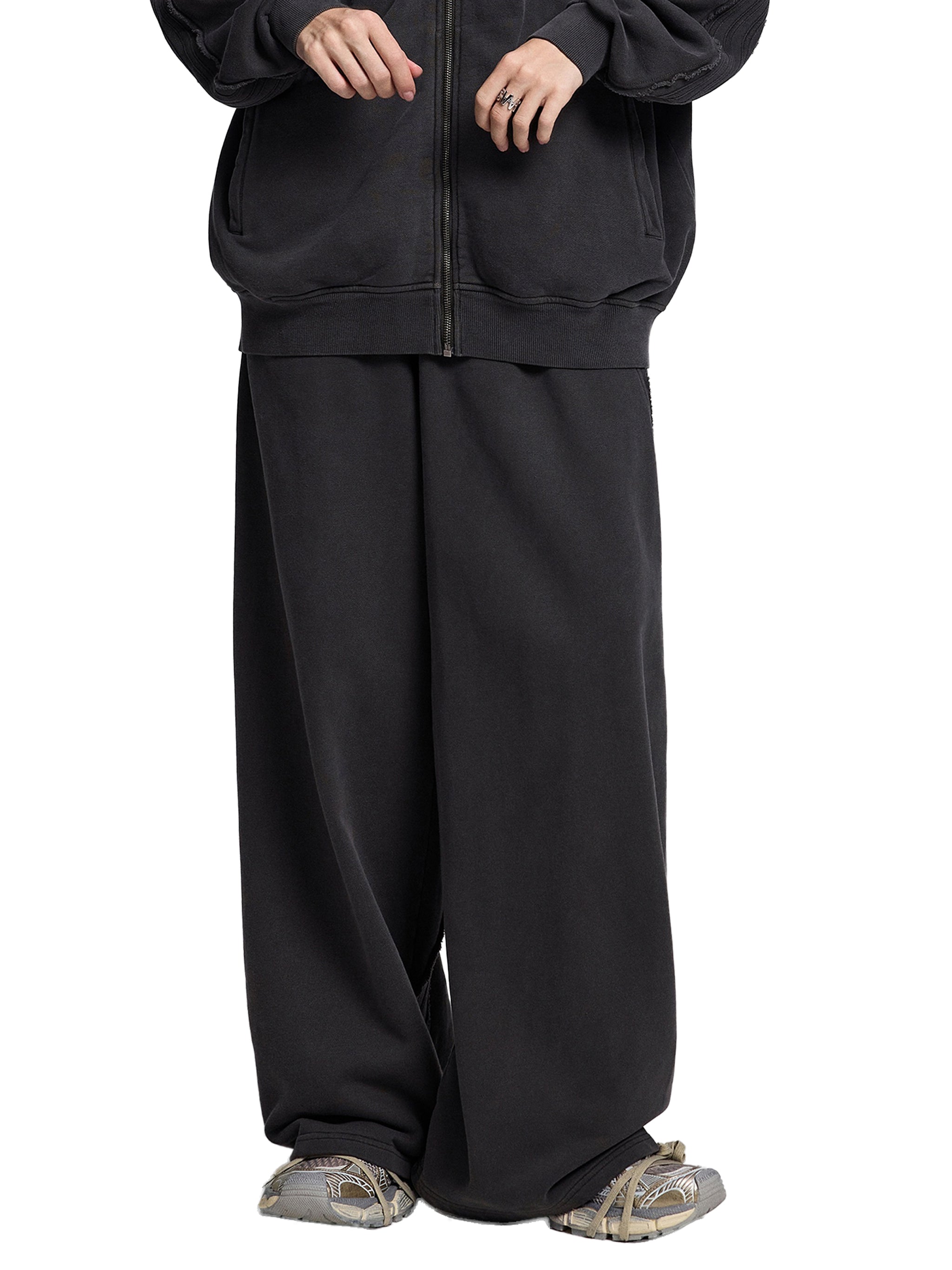 FETISHISTO black snow washed sweatpants for men with wide leg and relaxed fit style