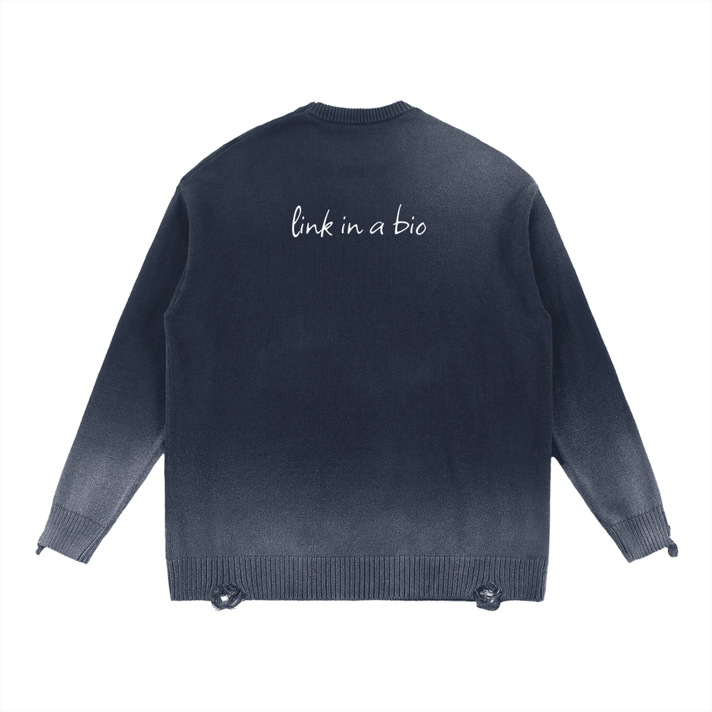 FETISHISTO sun fade distressed ripped sweater in dark gray with gradient and text on back