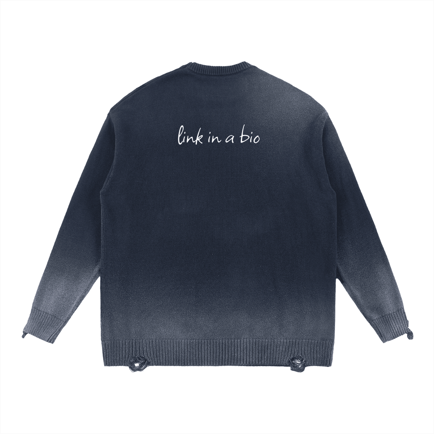 FETISHISTO sun fade distressed ripped sweater in dark gray with gradient and text on back
