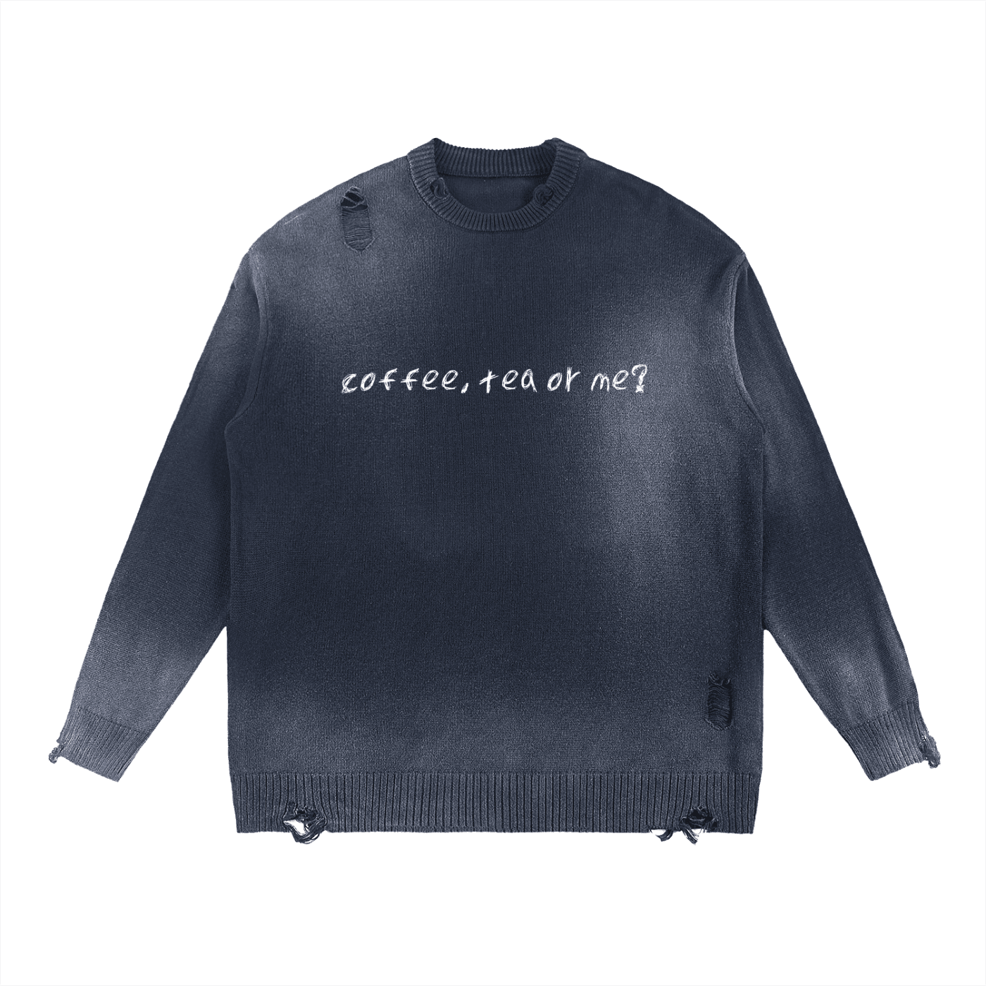 FETISHISTO sun fade distressed ripped sweater with coffee tea or me text and ripped details