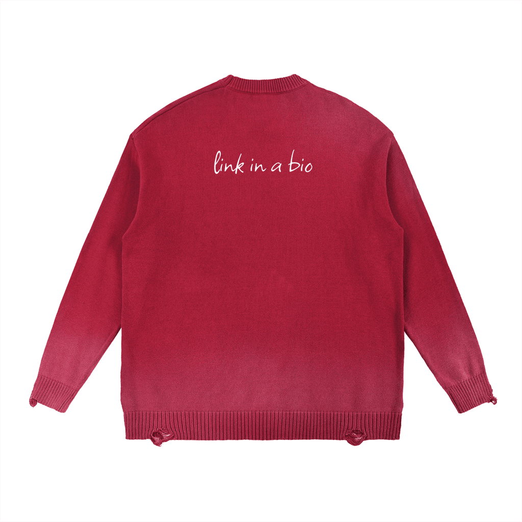 FETISHISTO red sun fade distressed ripped sweater with link in a bio text on the back