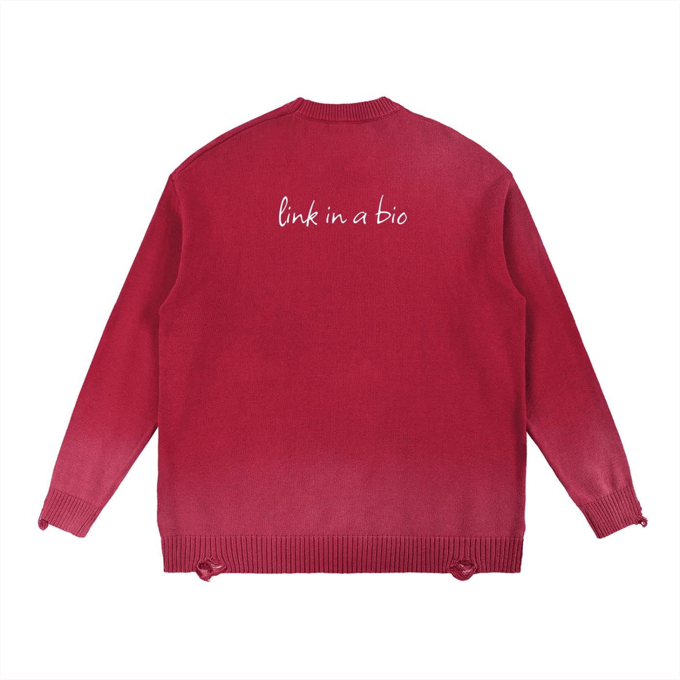 FETISHISTO red sun fade distressed ripped sweater with link in a bio text on the back