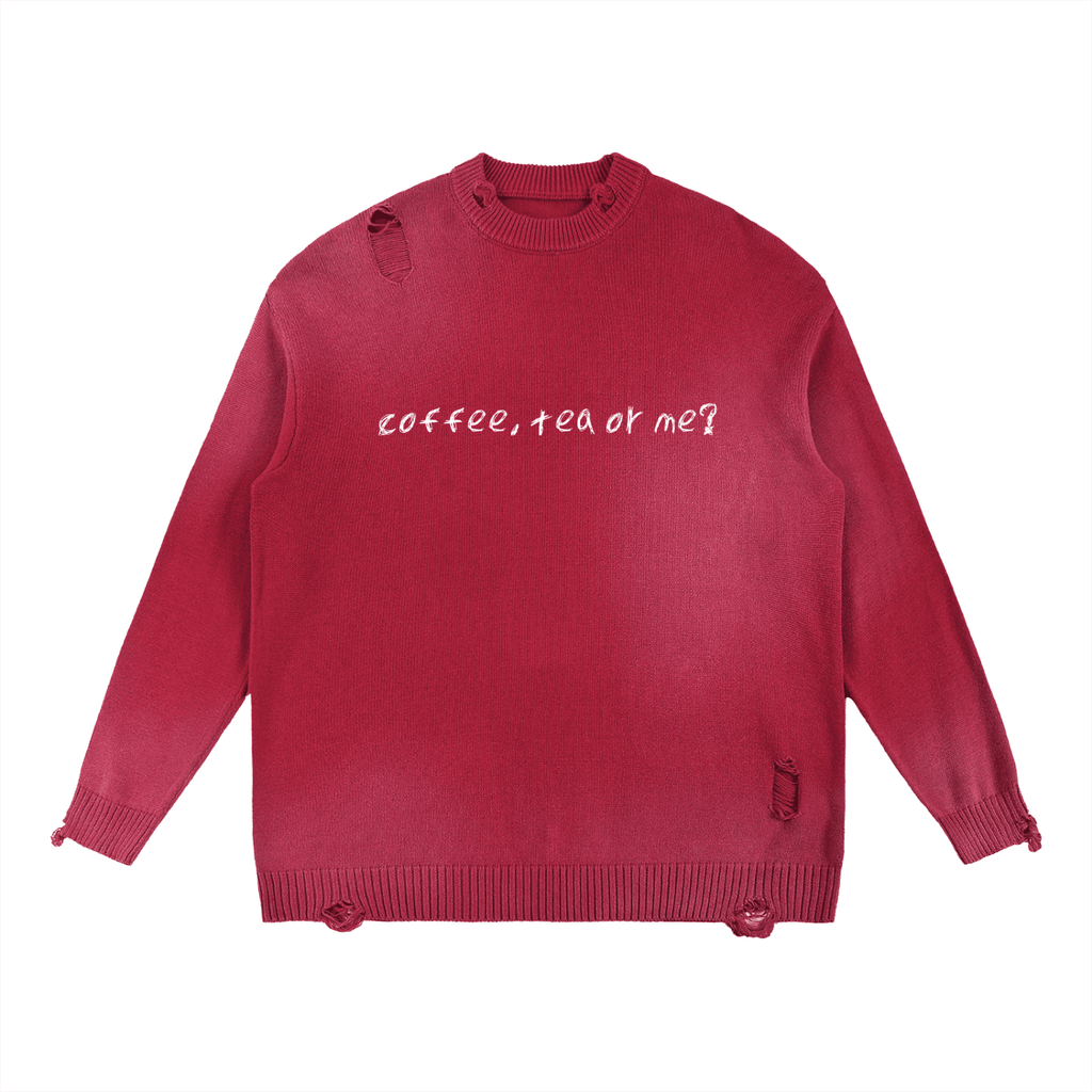FETISHISTO sun fade distressed ripped sweater in red with coffee tea or me text and torn details