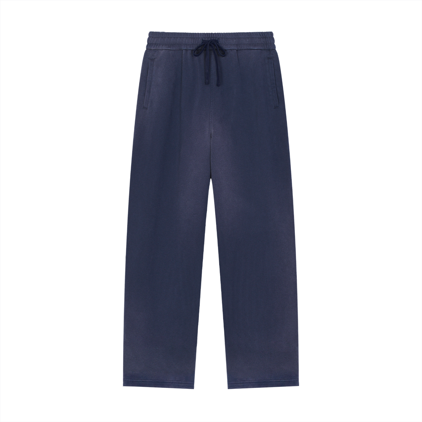 FETISHISTO sun fade straight leg sweatpants in navy blue with elastic waistband and drawstring