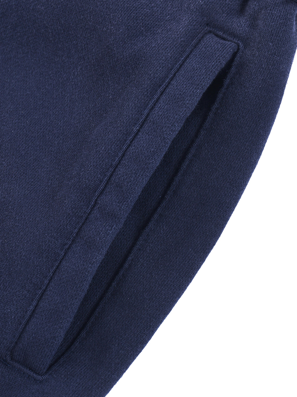 Close-up of navy pocket detail on FETISHISTO sun fade straight leg sweatpants fabric texture