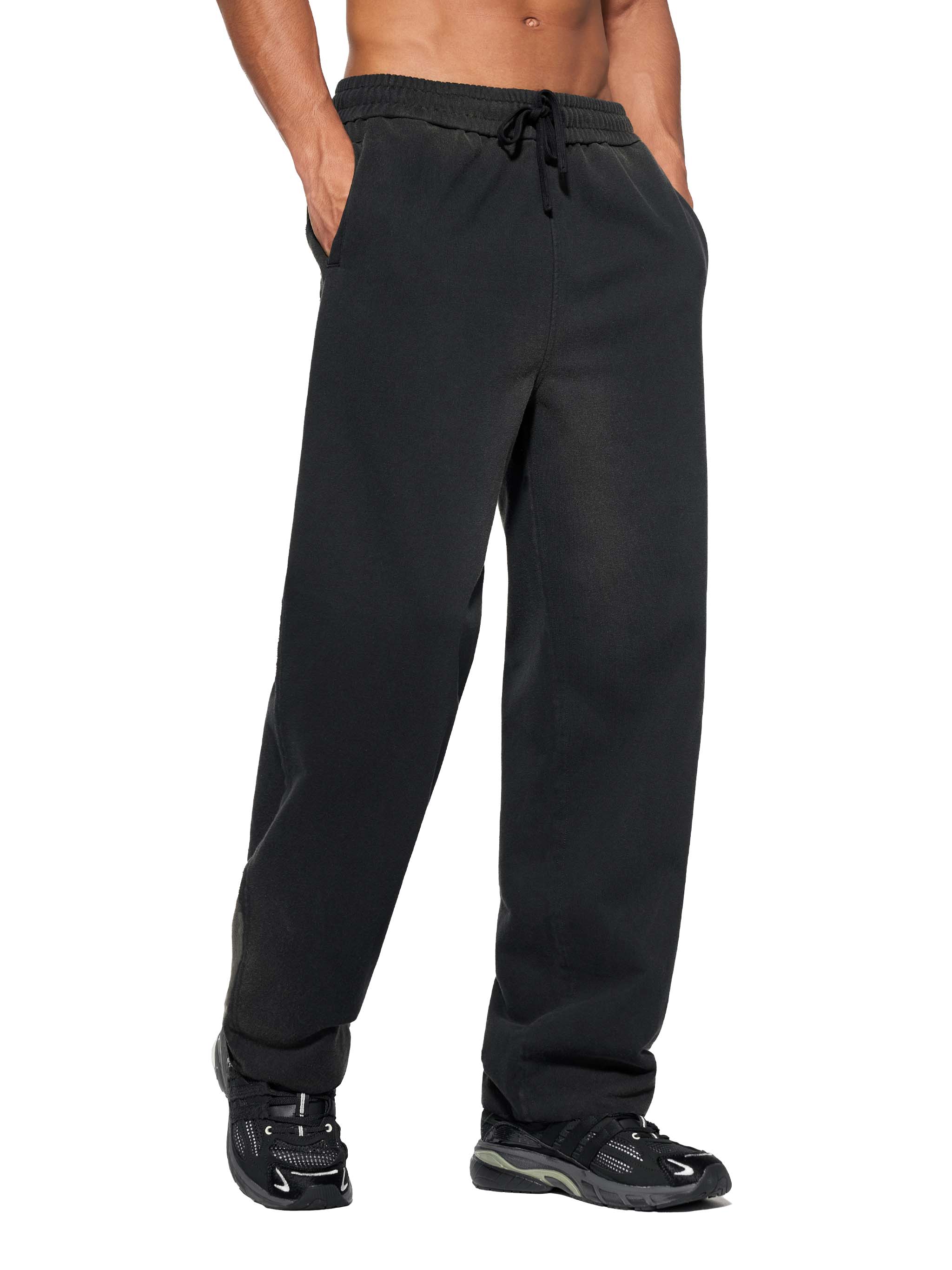 FETISHISTO sun fade straight leg sweatpants in black with drawstring waist and side pockets