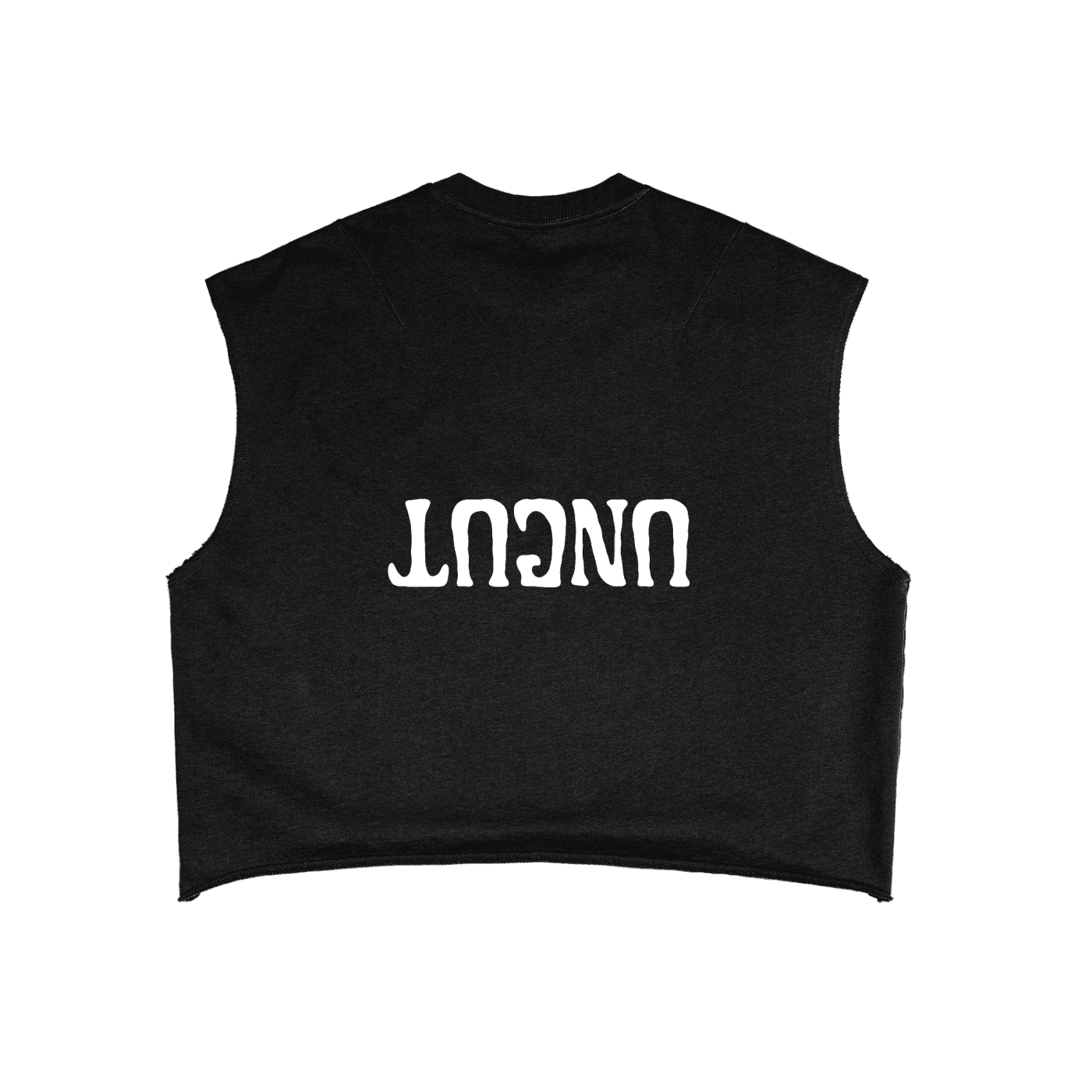 Black uncut fetish tank top by FETISHISTO with upside-down white UNCUt print on back