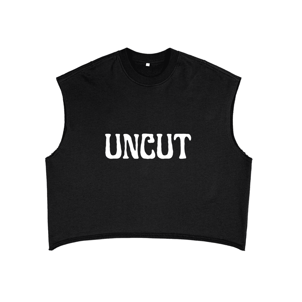 Black uncut fetish tank top from FETISHISTO with bold white UNCUT lettering on front