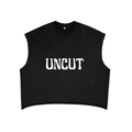 Black uncut fetish tank top from FETISHISTO with bold white UNCUT lettering on front