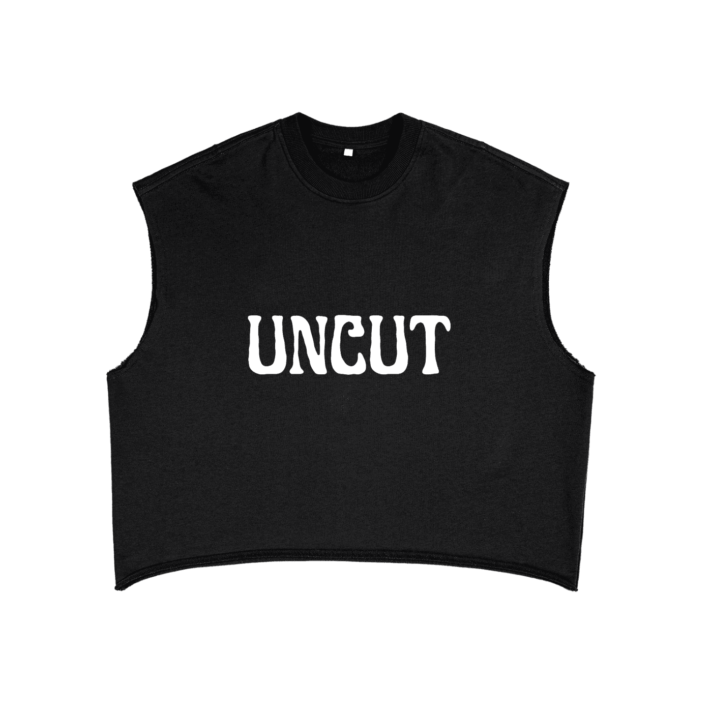 Black uncut fetish tank top from FETISHISTO with bold white UNCUT lettering on front