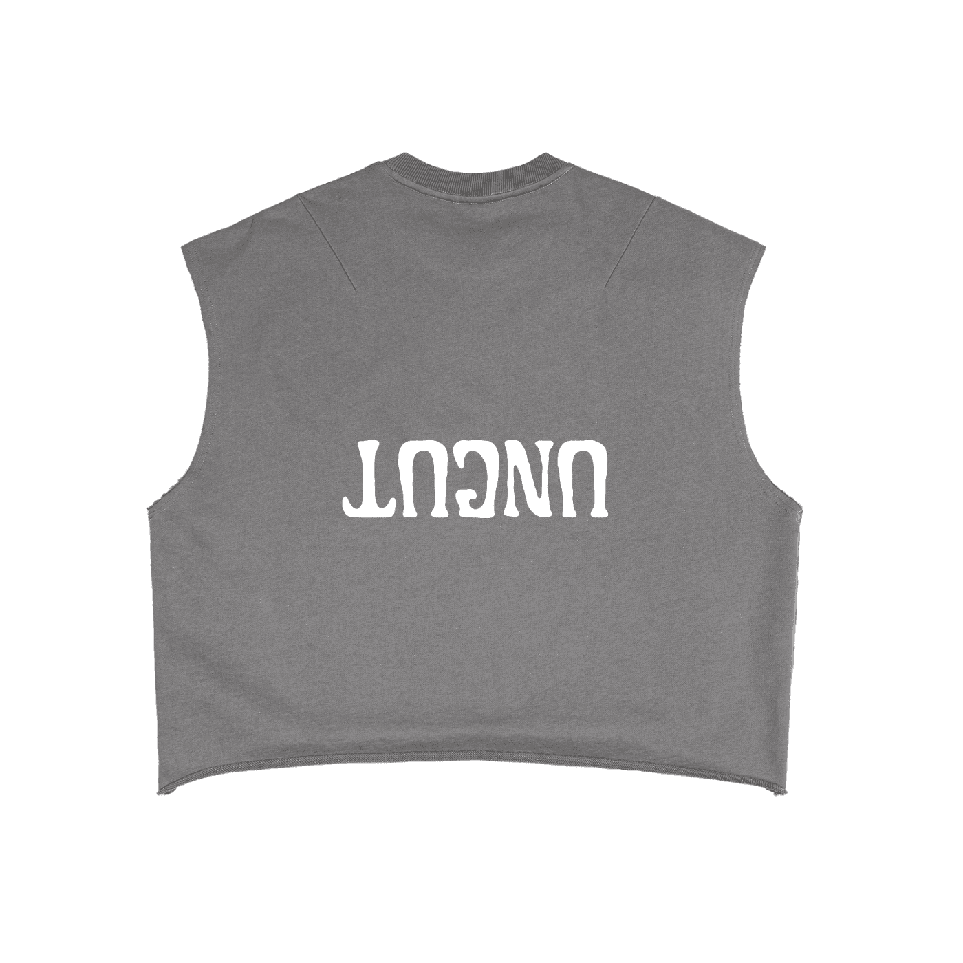 Gray uncut fetish tank top by FETISHISTO with white upside-down text on the back