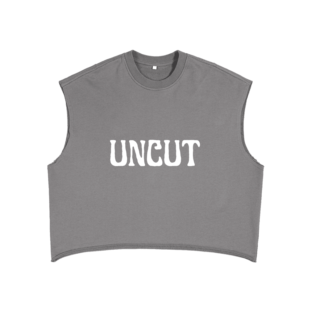 Gray uncut fetish tank top by FETISHISTO with sleeveless design and bold white UNCT lettering