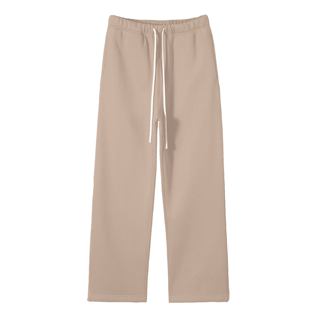 FETISHISTO beige unisex fleece straight leg pants with elastic waistband and white drawstring