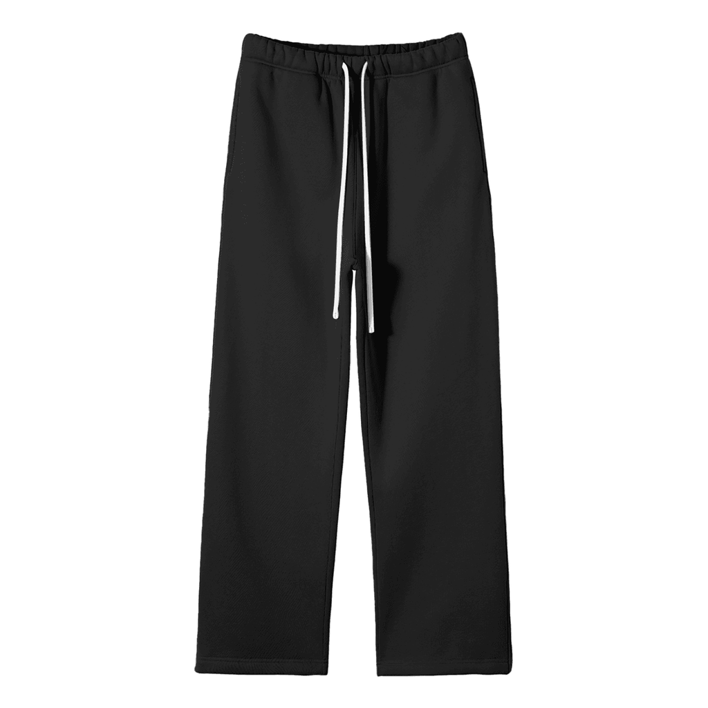 FETISHISTO unisex fleece straight leg pants in black with elastic waistband and white drawstrings