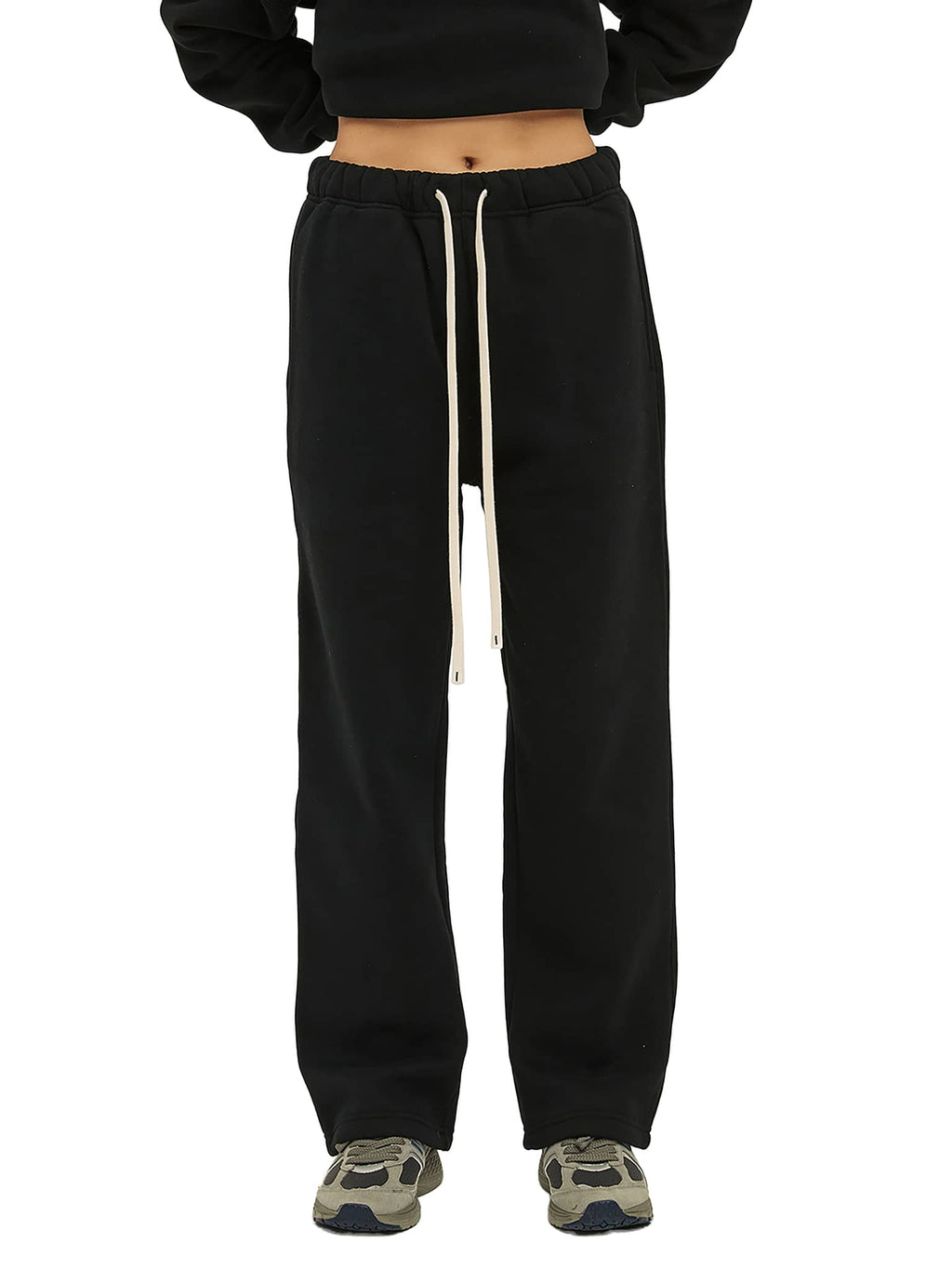 FETISHISTO black unisex fleece straight leg pants with drawstring waist and relaxed fit