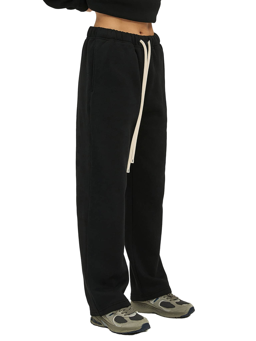 FETISHISTO black unisex fleece straight leg pants with white drawstring and side pockets