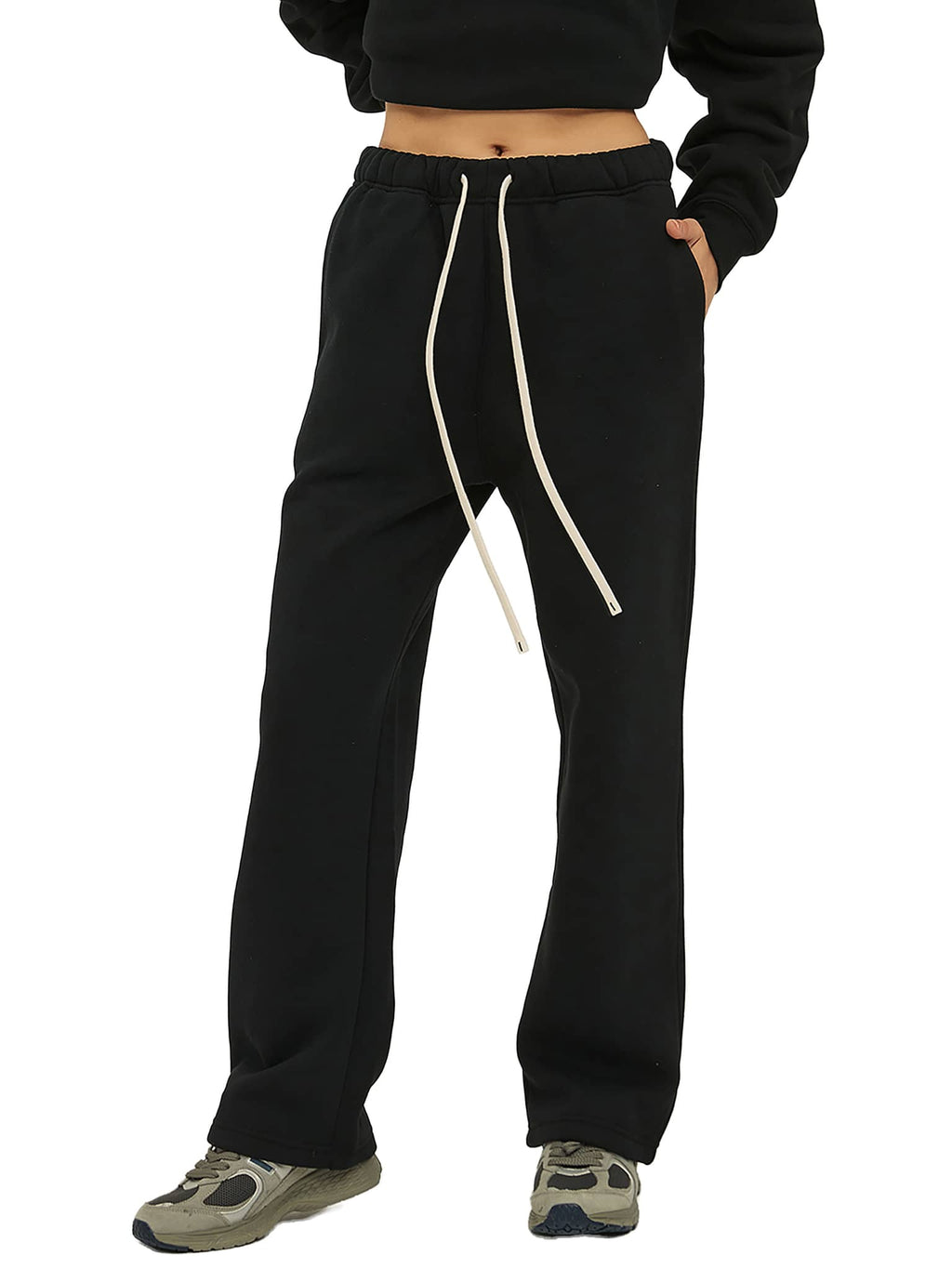 FETISHISTO unisex fleece straight leg pants in black with elastic waist and long drawstrings