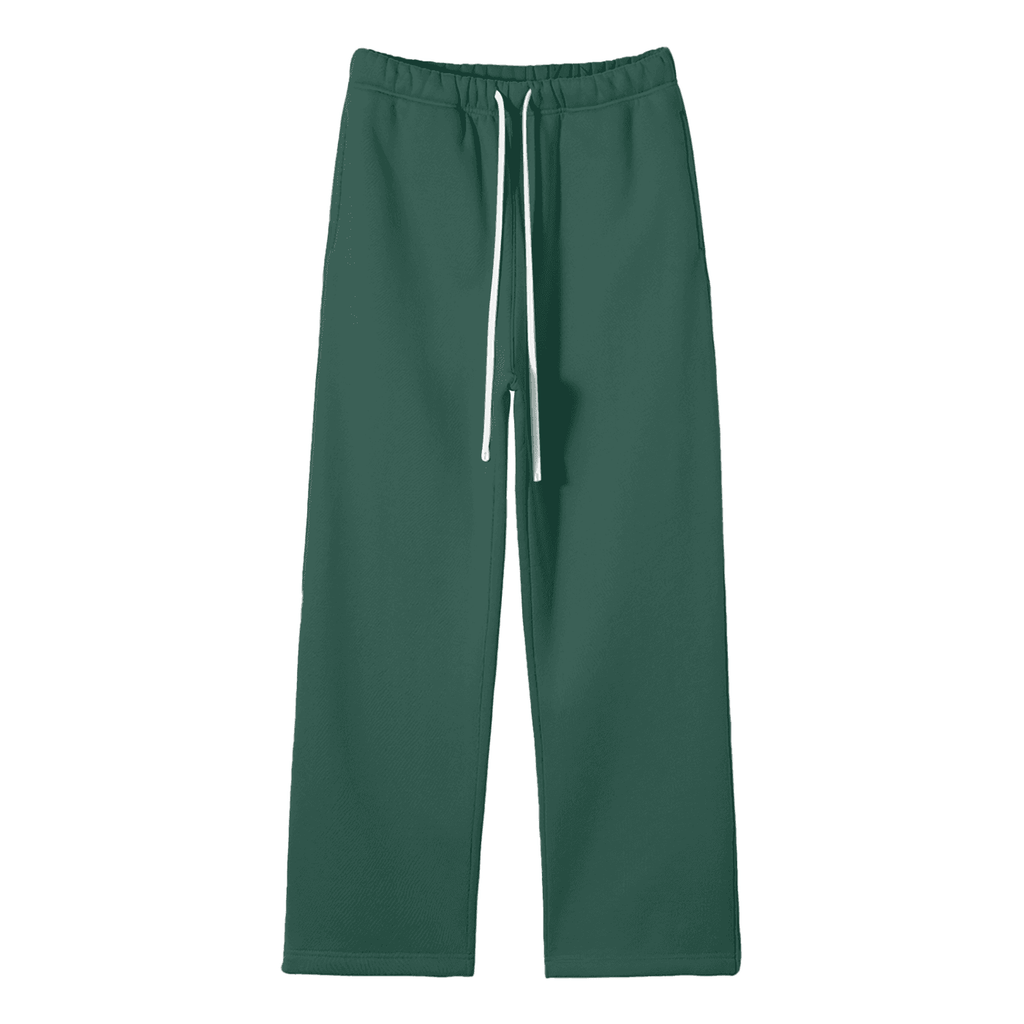 FETISHISTO unisex fleece straight leg pants in dark green with elastic waistband and white drawstring