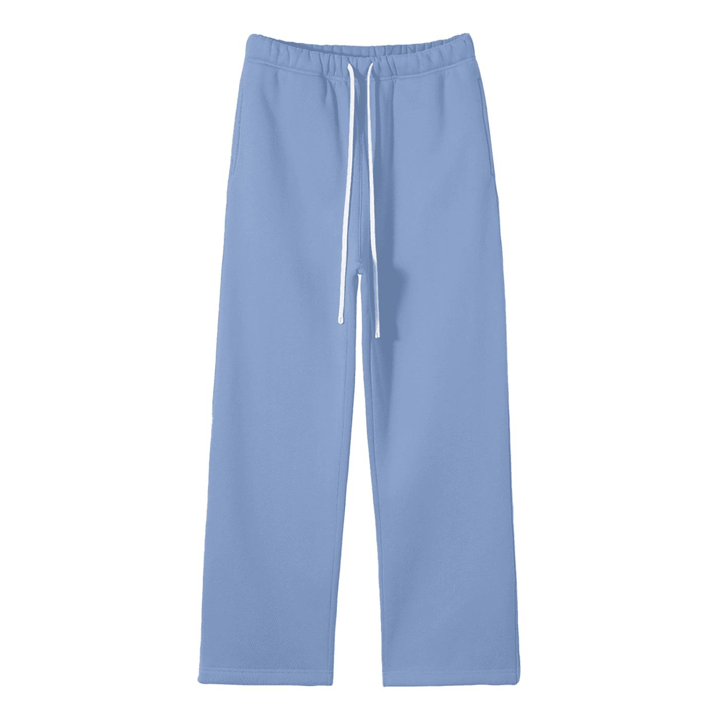 FETISHISTO unisex fleece straight leg pants in light blue with elastic waistband and white drawstrings
