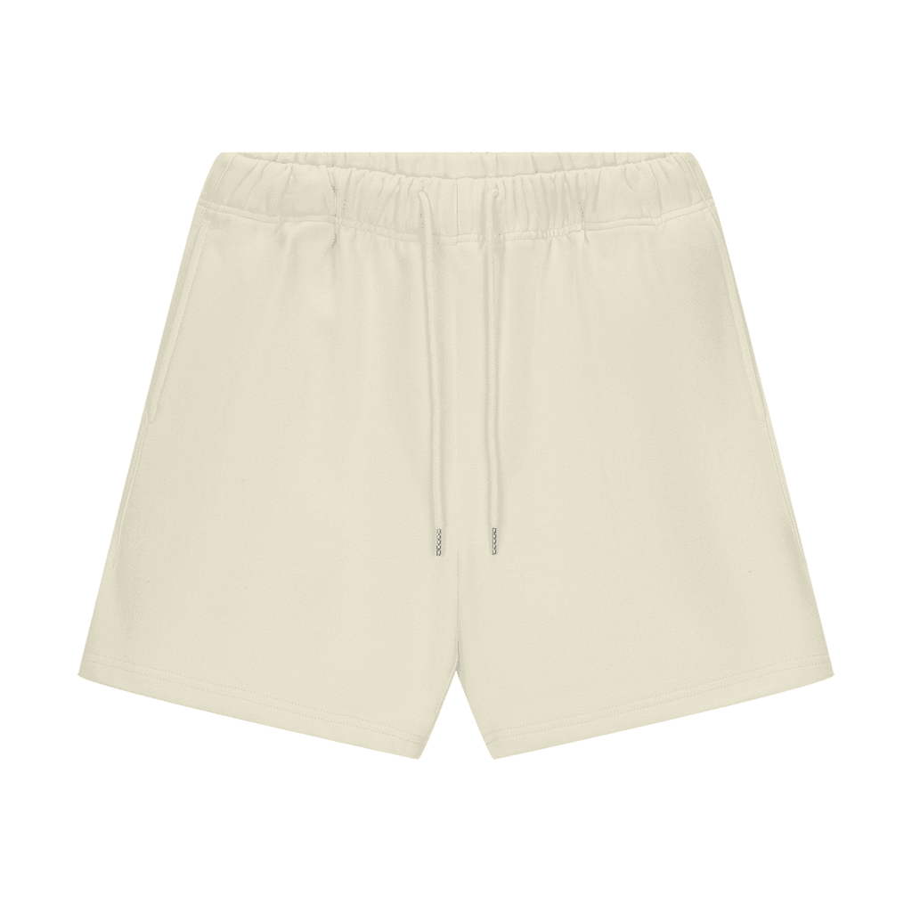 FETISHISTO beige unisex heavyweight fleece shorts with elastic waistband and drawstring