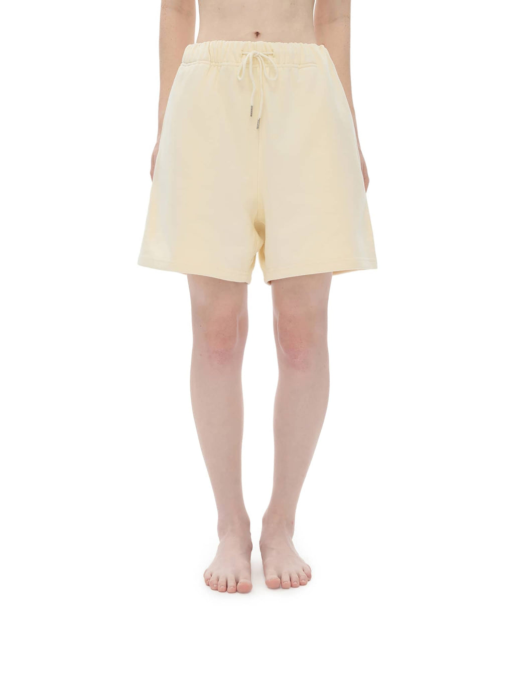 FETISHISTO unisex heavyweight fleece shorts in beige with drawstring waist and relaxed fit