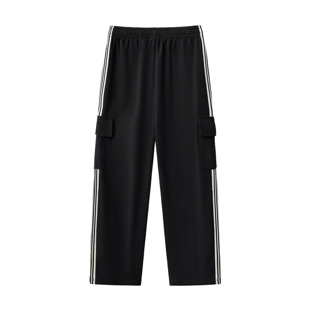 Black fetish side stripe pants with white side stripes and cargo pockets by FETISHISTO