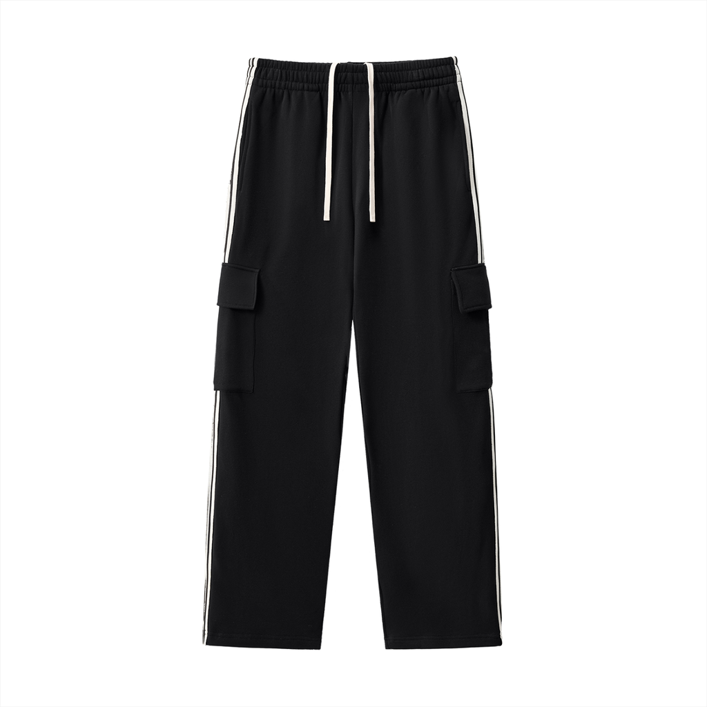 FETISHISTO black fetish side stripe pants with cargo pockets and white drawstring waist