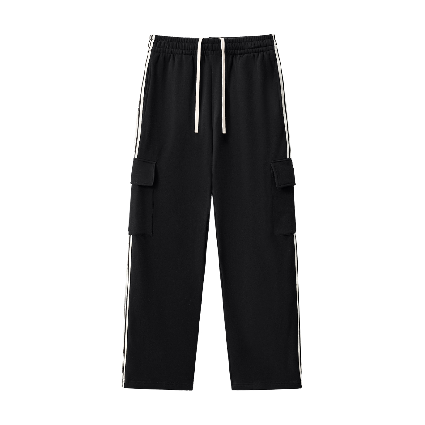 FETISHISTO black fetish side stripe pants with cargo pockets and white drawstring waist