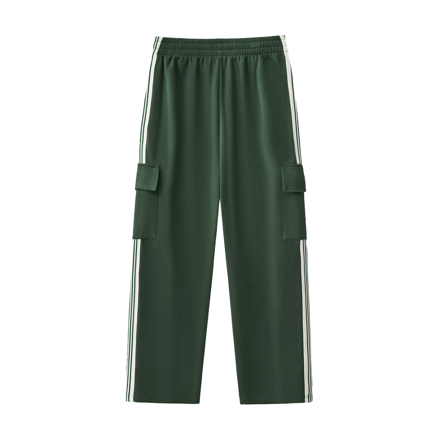Dark green fetish side stripe pants with white side stripes and cargo pockets by FETISHISTO
