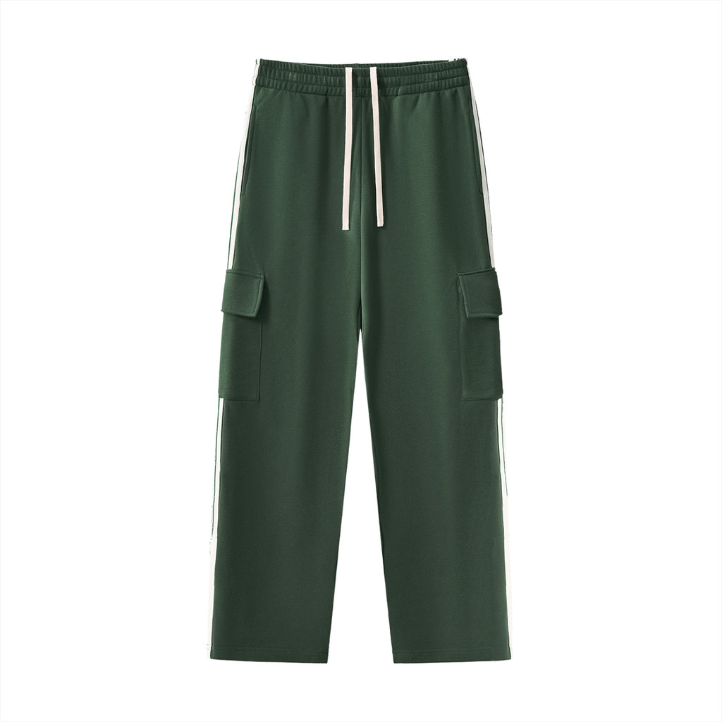 FETISHISTO green fetish side stripe pants with white drawstring and cargo pockets
