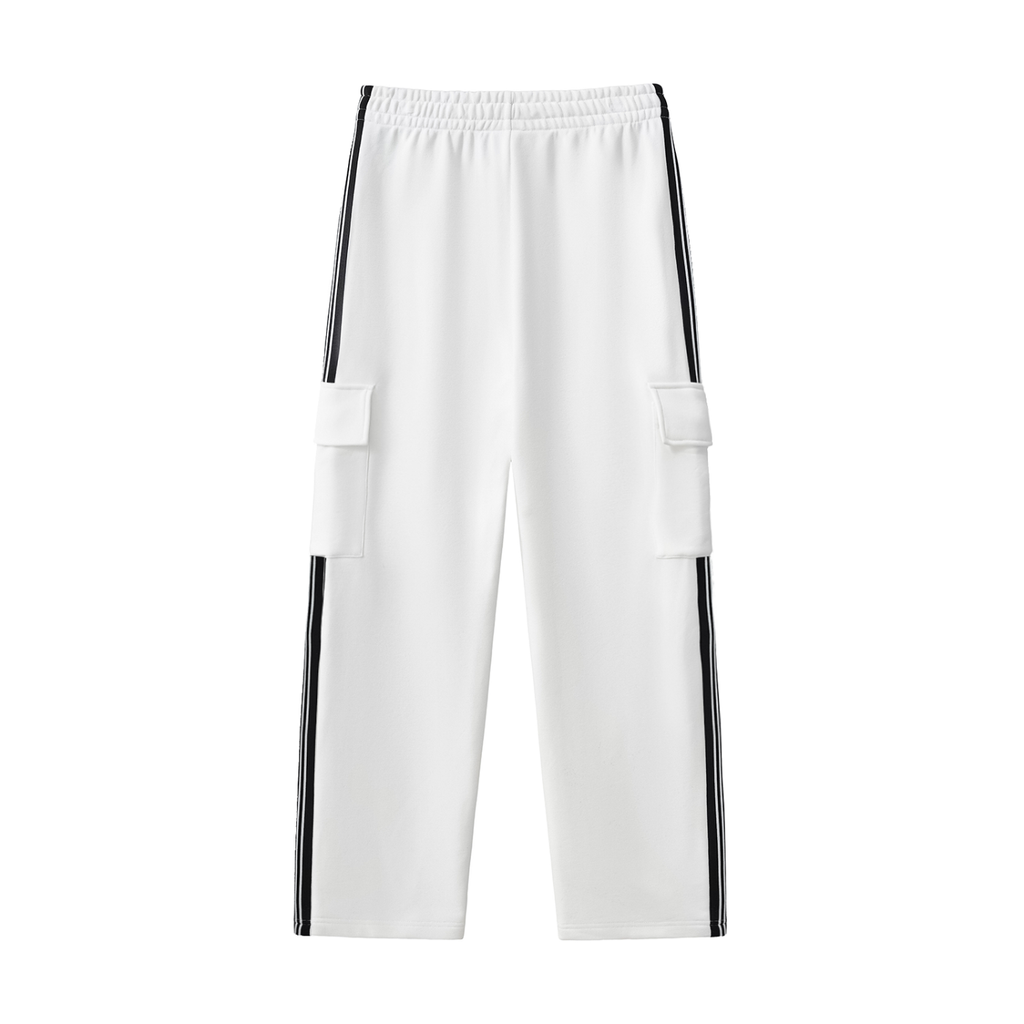 White FETISHISTO fetish side stripe pants with black side stripes and cargo pockets