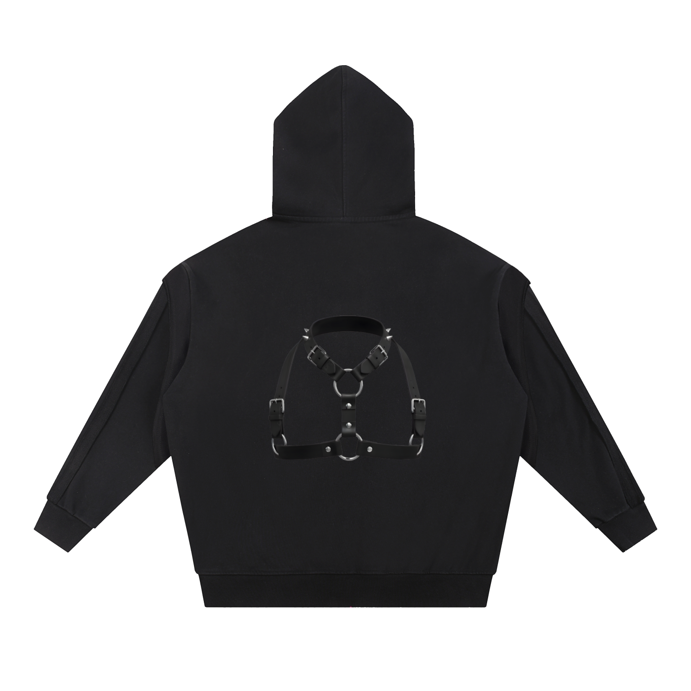 Black fetish style zip hoodie from ODMPOD featuring a printed harness design on the back
