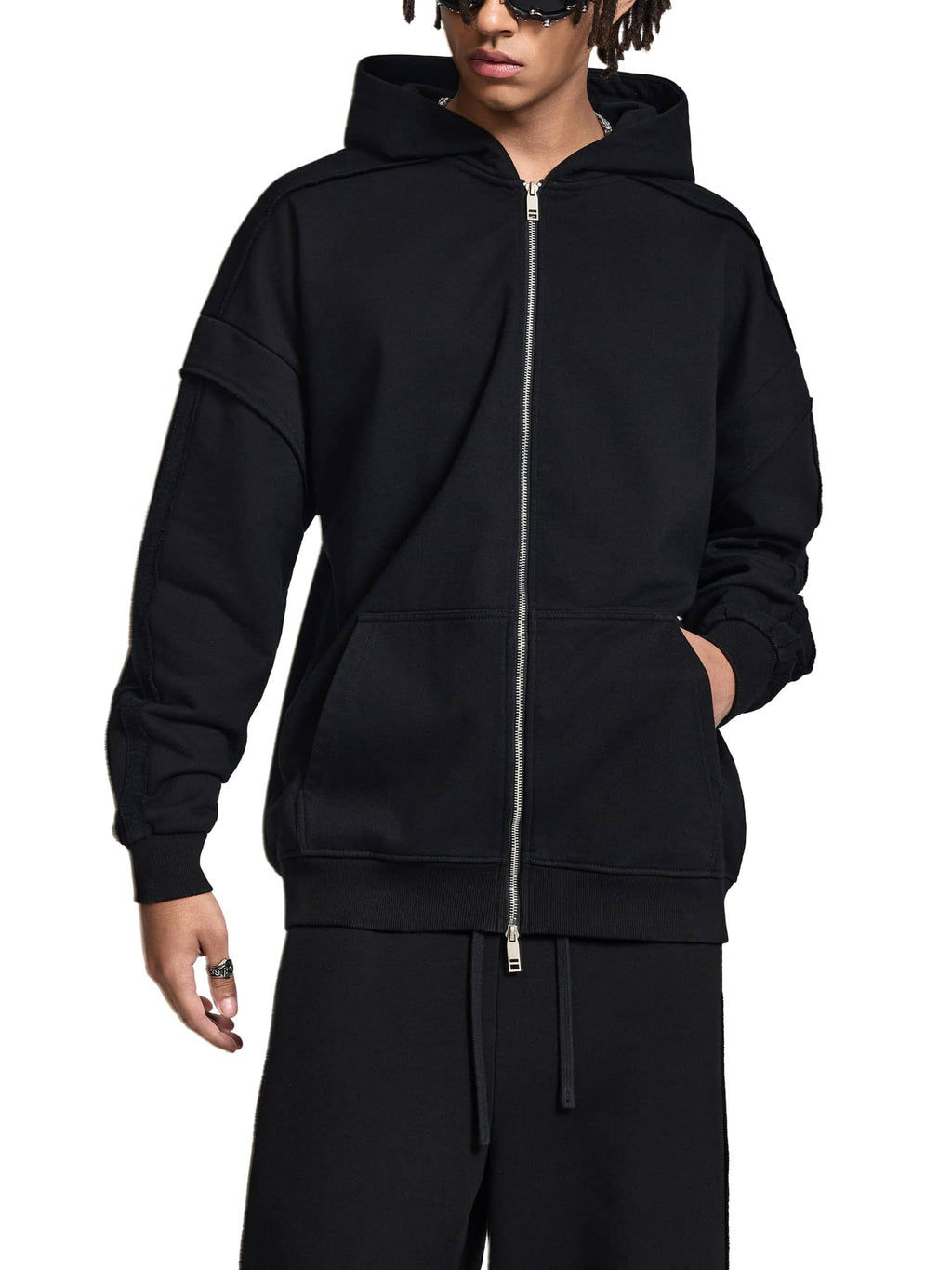 Black fetish style zip hoodie from ODMPOD with full front zipper and hood