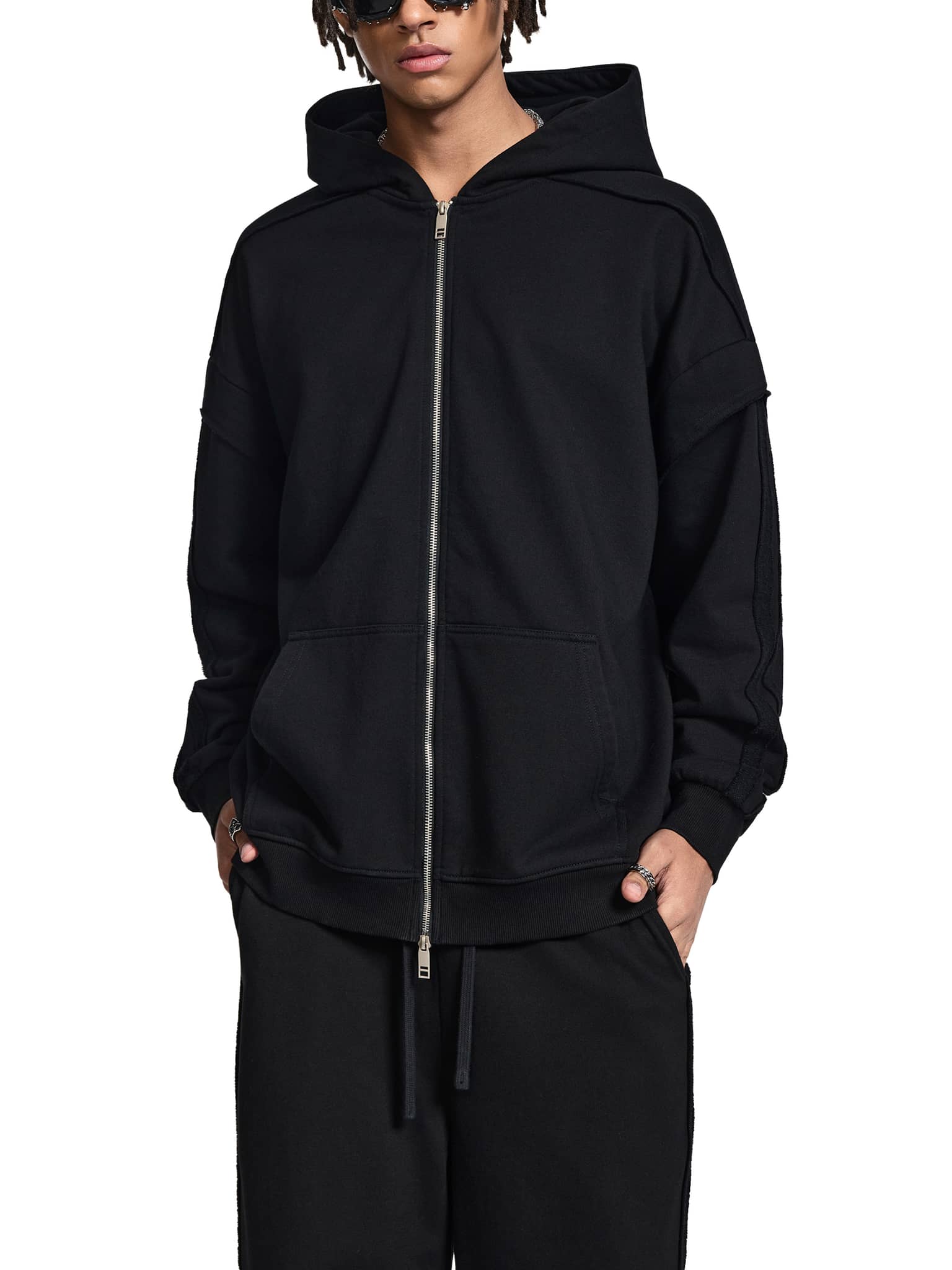 ODMPOD black fetish style zip hoodie with front pockets and full zip closure