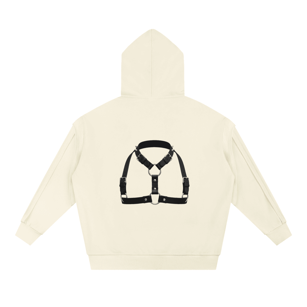 Off-white fetish style zip hoodie with black harness design on the back by ODMPOD