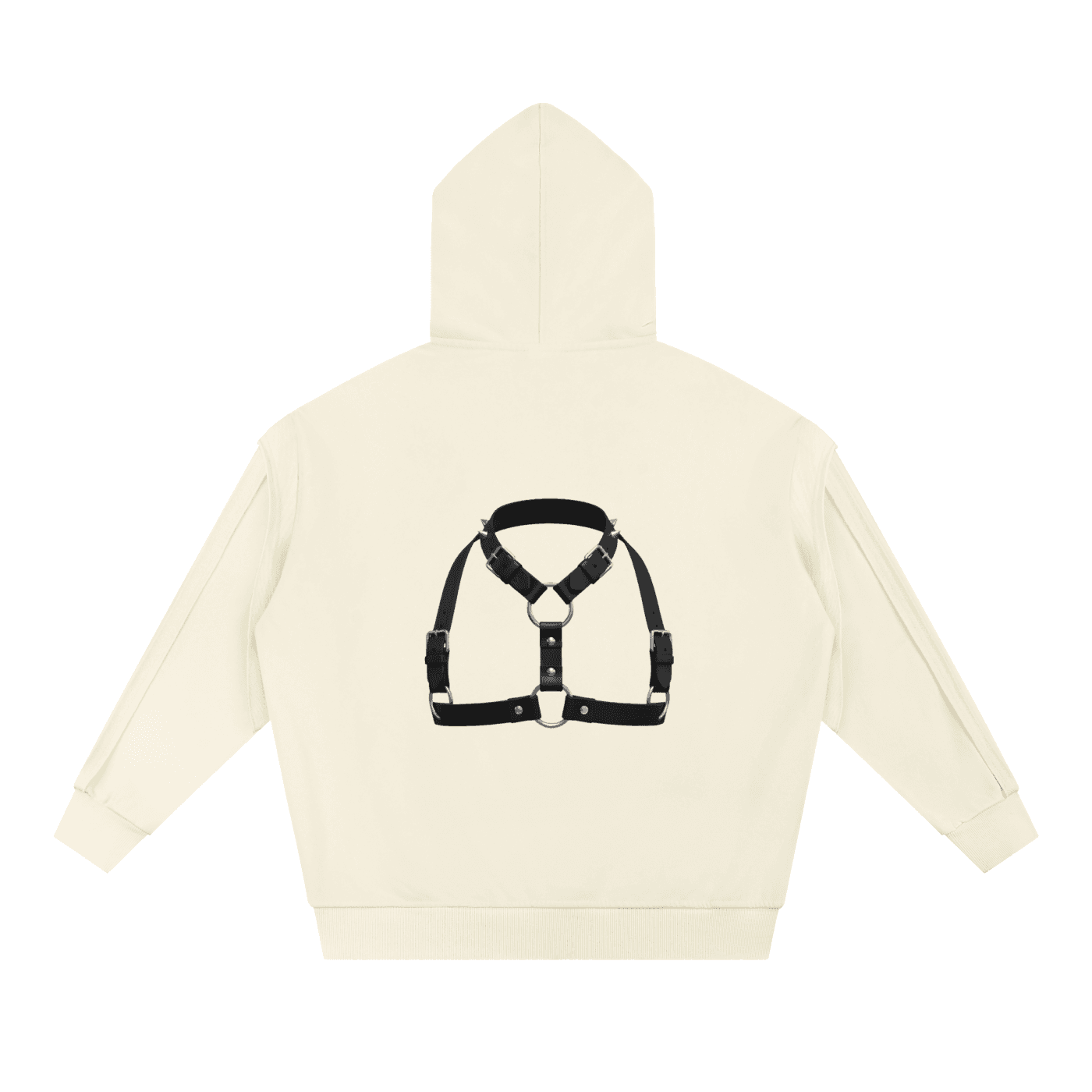 Off-white fetish style zip hoodie with black harness design on the back by ODMPOD
