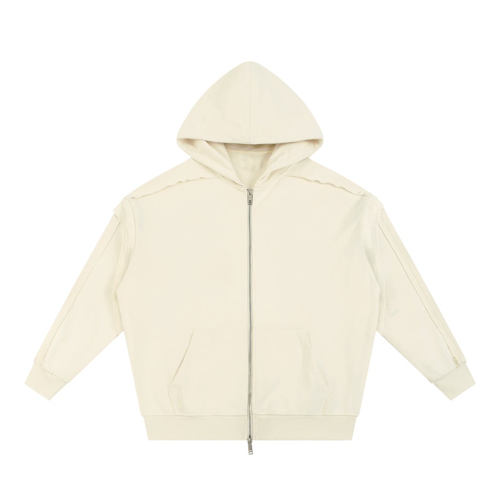 ODMPOD cream colored fetish style zip hoodie with front pockets and full zipper closure