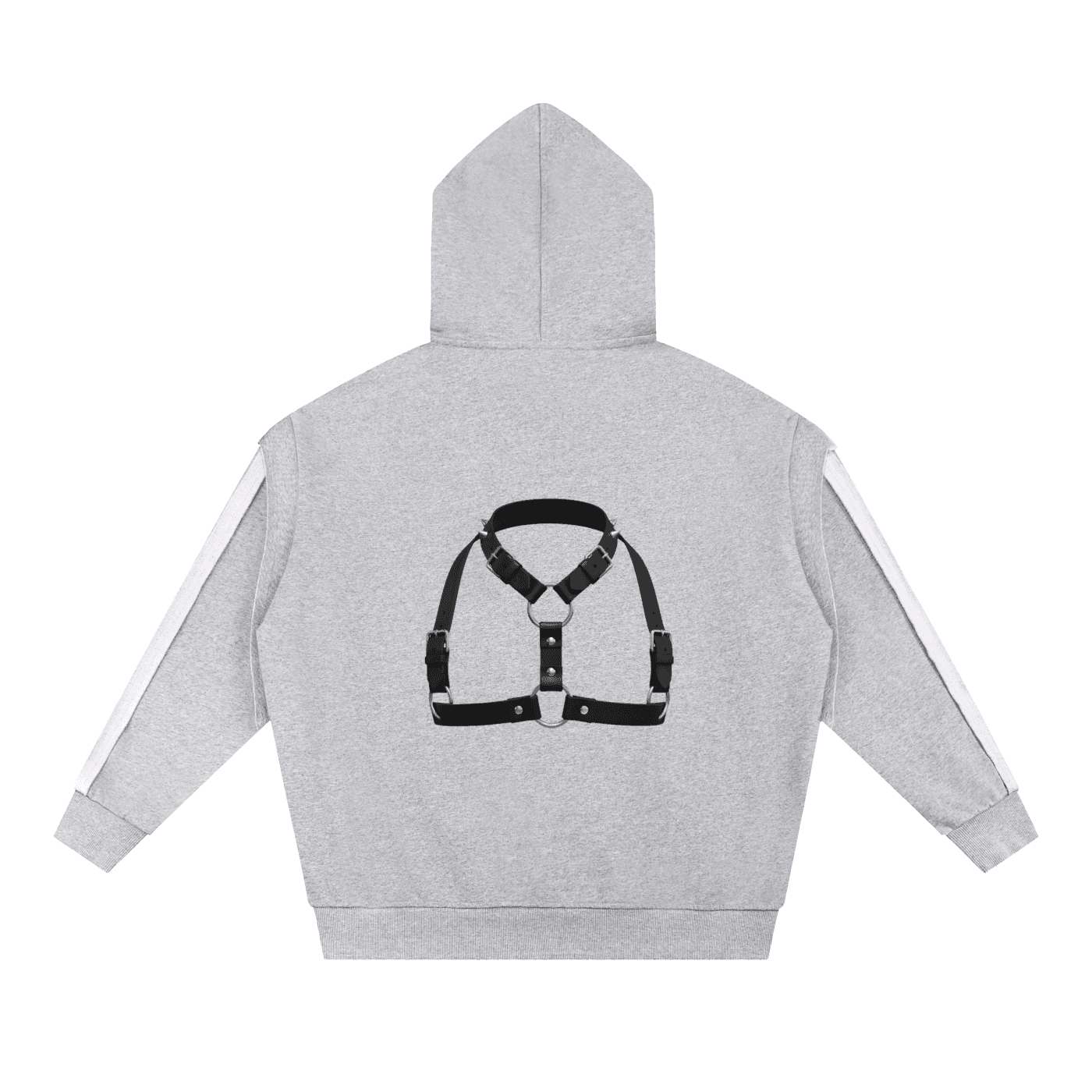 ODMPOD gray fetish style zip hoodie with black harness graphic on the back and white sleeve stripes