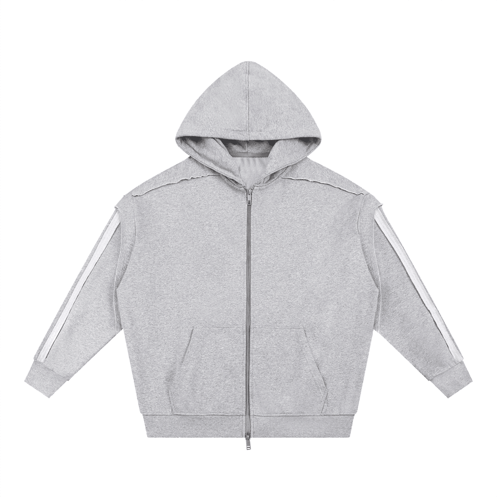 Gray fetish style zip hoodie with white sleeve stripes and front pockets by ODMPOD