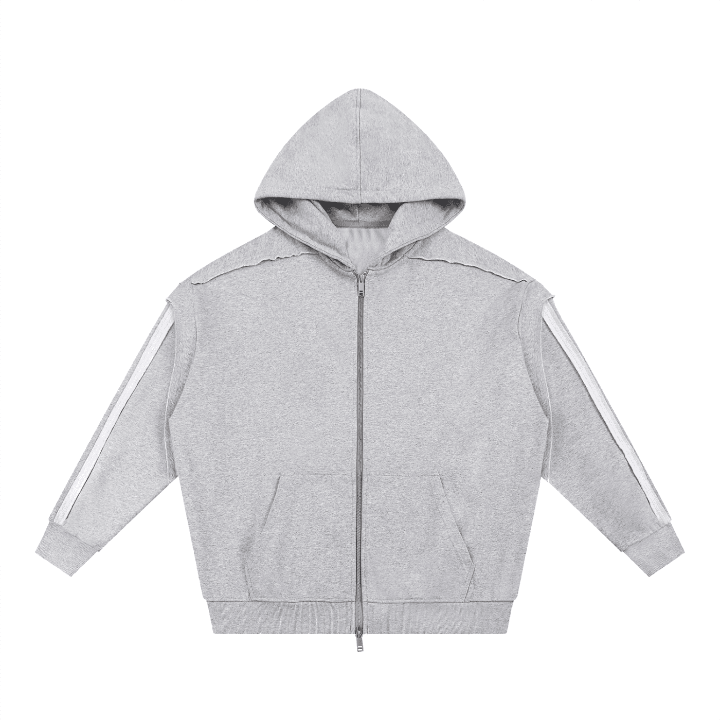 Gray fetish style zip hoodie with white sleeve stripes and front pockets by ODMPOD