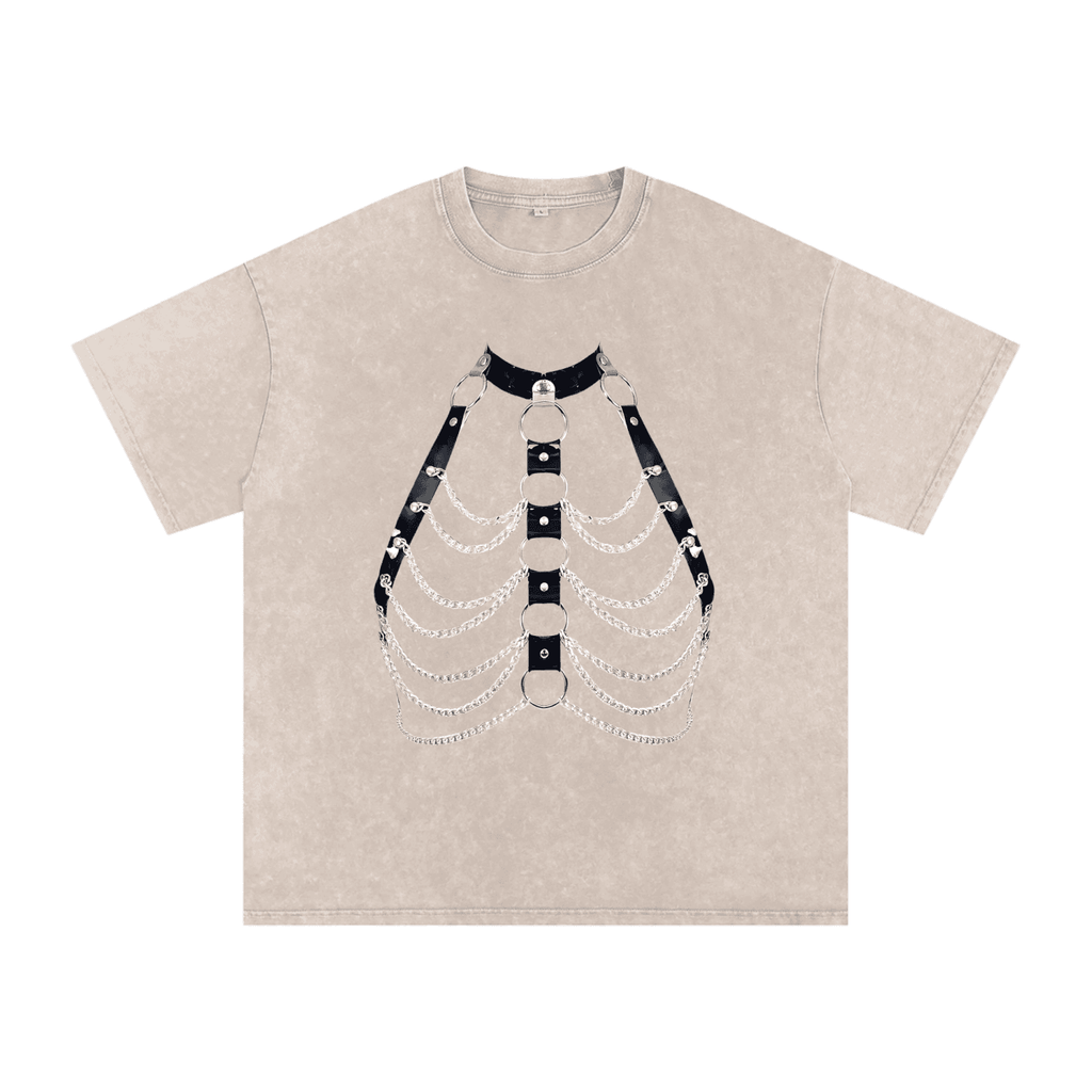 FETISHISTO snow washed oversized t-shirt in beige with black and silver chain harness graphic design