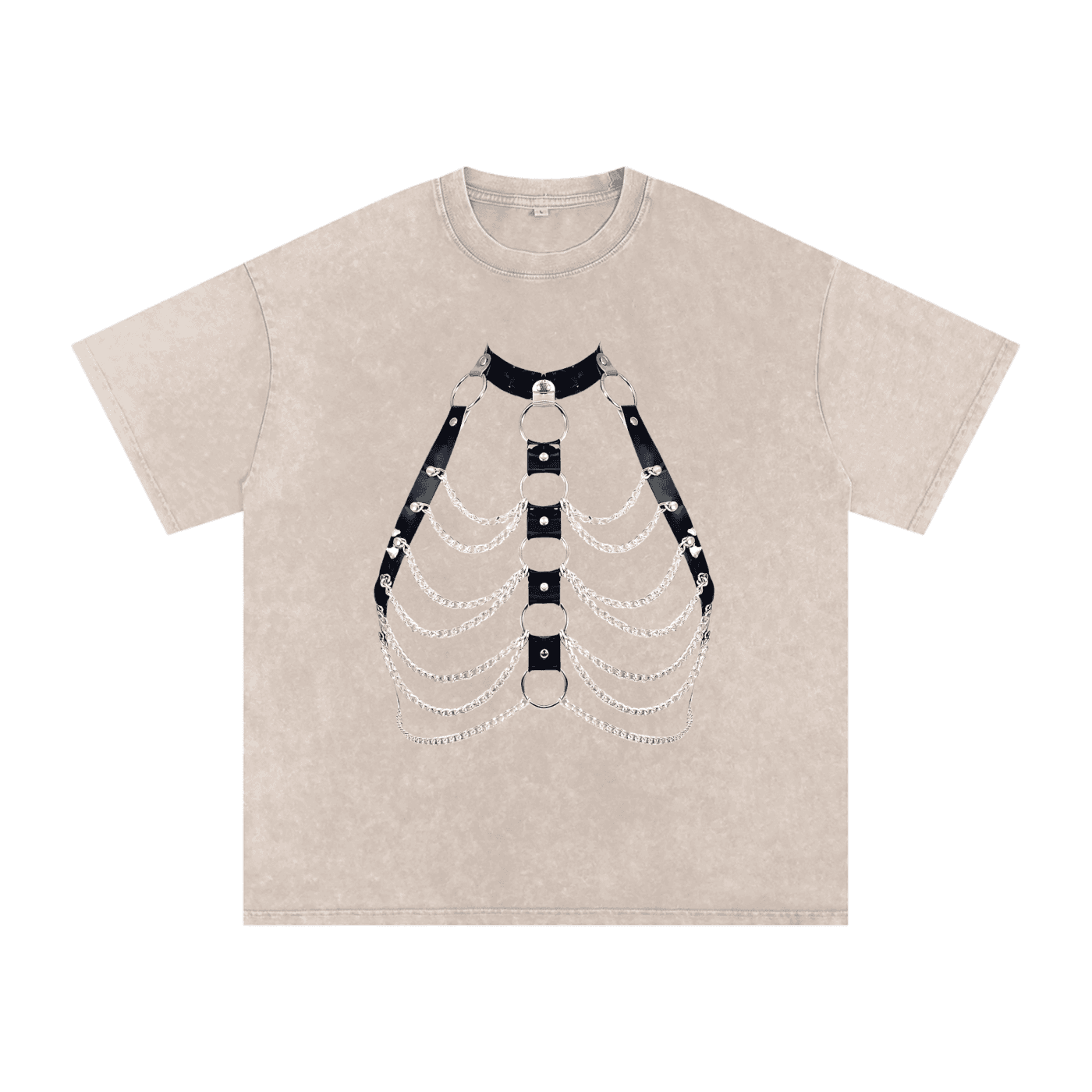 FETISHISTO snow washed oversized t-shirt in beige with black and silver chain harness graphic design
