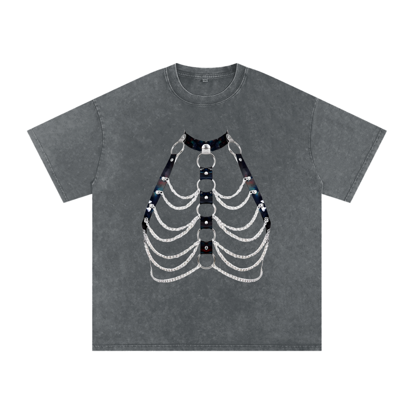 FETISHISTO snow washed oversized t-shirt in gray with black skeleton harness and chain graphic