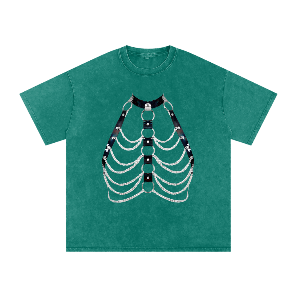 FETISHISTO snow washed oversized t-shirt in green with black and silver chain graphic design on front