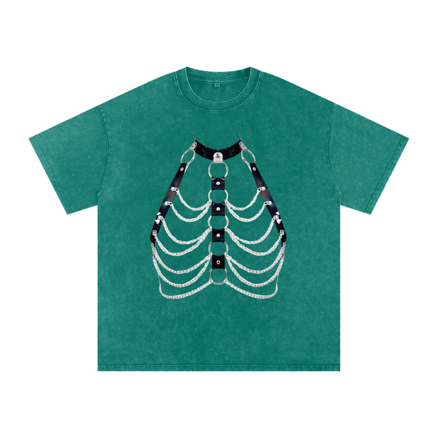 FETISHISTO snow washed oversized t-shirt in green with black and silver chain graphic design on front