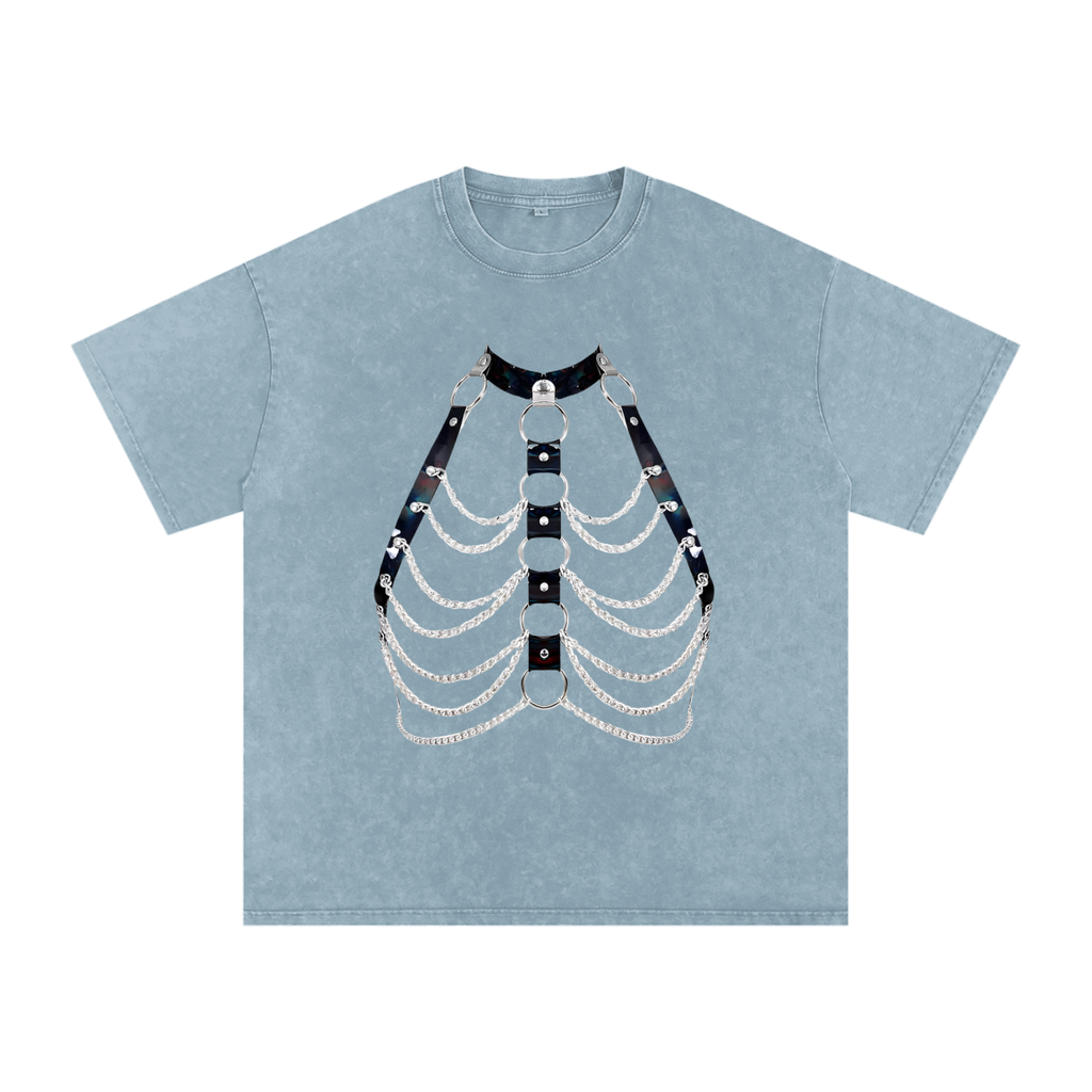 FETISHISTO snow washed oversized t-shirt in blue with black and white chain harness design