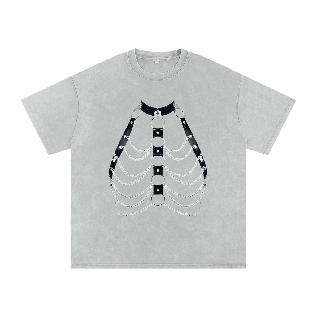 FETISHISTO snow washed oversized t-shirt in gray with skeleton chain design on front