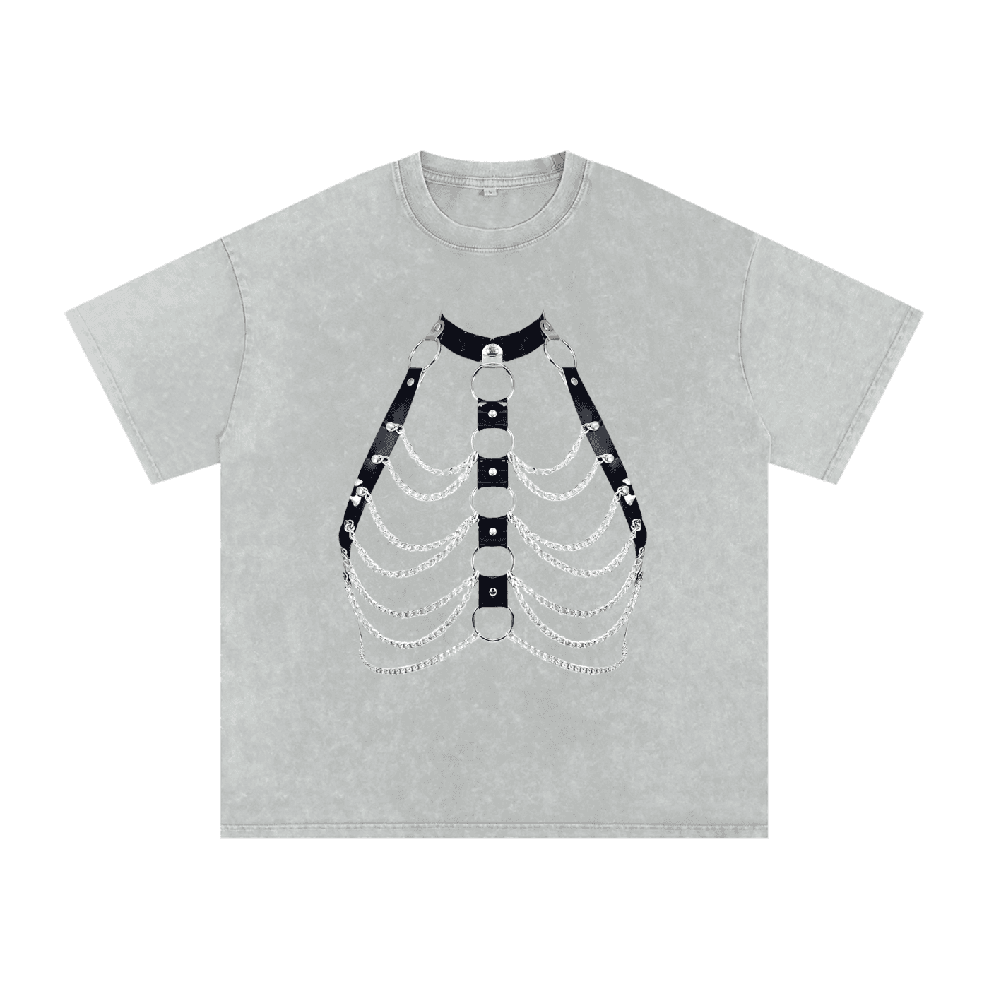 FETISHISTO snow washed oversized t-shirt in gray with skeleton chain design on front
